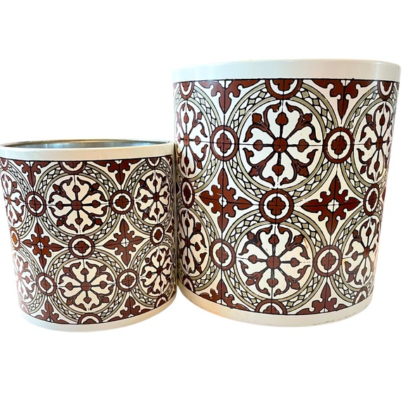 Vintage 60s Paisley Metal Trashcan Set Ransburg USA Brown White